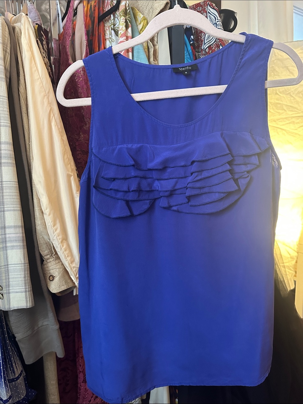 Sold! 8, 19.5” bust Teenflo Silk top with ruffle